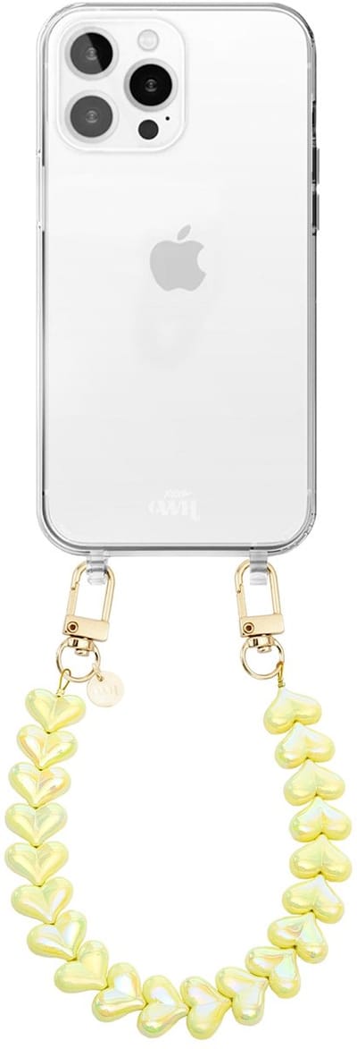 xoxo Wildhearts siliconen hoesje - Geschikt voor iPhone 16 Pro Max hoesje - Funky Hearts (Yellow Metallic) - Telefoonhoesje - Hoesje met koord - Geel koord - kort telefoonkoord - Hartjes ketting - Transparant hoesje