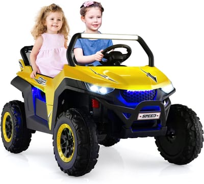 COSTWAY 2-zits kinderauto met 2,4 G afstandsbediening, 12 V voor kinderen UTV met muziek en koplamp, auto 2-4 km/u, voor kinderen vanaf 3 jaar (geel)