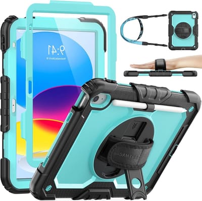 Beschermende Hoes voor iPad A16 11e/10e Generatie 11/10.9 inch, Schokbestendig met Schermbeschermer, 360 Graden Draaiende Stand, Handriem en Penhouder, Lichtblauw