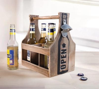 Houten Flessendrager voor Sixpack met Flesopener