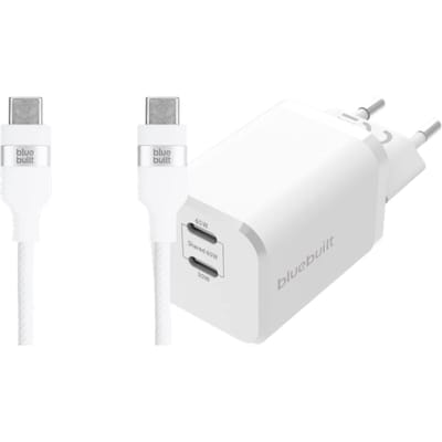 BlueBuilt Power Delivery Oplader met 2 Usb C Poorten 65W + Usb C Kabel 1,5m Nylon Wit