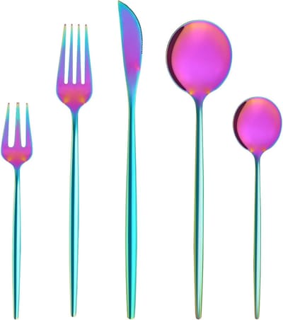 regenboog bestekset 6 personen, 30 stuks kleurrijk roestvrijstalen bestek, bestekset met mes vork lepel, hoge kwaliteit roestvrijstalen bestek, vaatwasmachinebestendig.
