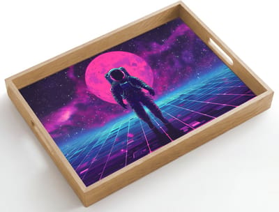 Dienblad hout 50x35 cm - Schootdienblad - Astronaut - Maan - Roze - Sterrennevels - Borrelplank rechthoek - Plateau dienbladen