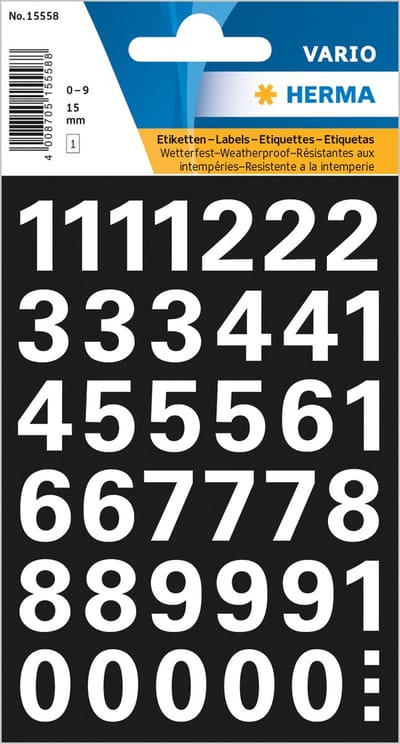 Herma Stickervel nummers - cijfers / getallen - 0 t/m 9 - 1x vellen - wit - 15 mm - watervast