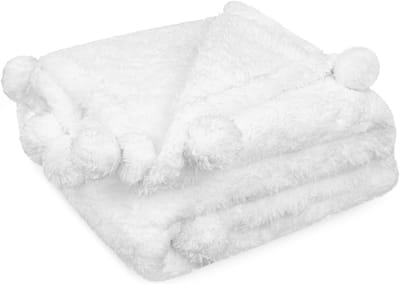Witte Sherpa Plaid met Pompons - Pluizige Zachte Fleece Deken voor Bank en Sofa - 60x80 cm