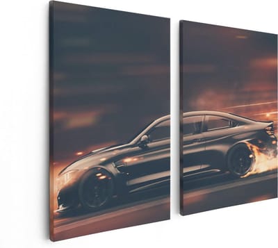 Artaza Canvas Schilderij Tweeluik Zwarte Sportwagen Auto Met Vlammen - 80x60 - Foto Op Canvas - Canvas Print