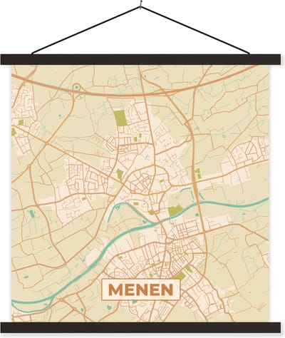 Posterhanger incl. Poster 60x60 cm - Schoolplaat - Plattegrond - Kaart - België - Vintage - Menen - Stadskaart - Textielposter - Zwarte latten - Stadskaart
