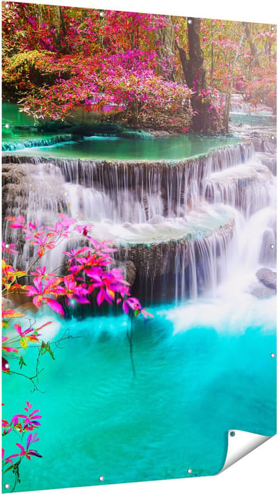 Gards Tuinposter Waterval in de Herfst met Kleurrijke Bloemen - 120x180 cm - Tuindoek - Tuindecoratie - Wanddecoratie buiten - Tuinschilderij