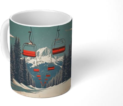 Mok - Koffiemok - Sneeuw - Skilift - Rood - Bomen - Mokken - 350 ML - Beker - Koffiemokken - Theemok