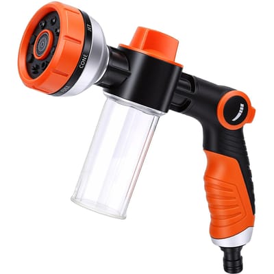 Accessoire de Tuyau d'Arrosage pour Baigner les Chiens avec Flacon Distributeur de Savon 8 en 1 Buse de Tuyau d'Arrosage de Jardin pour Laver les Voitures Nettoyer les Sols
