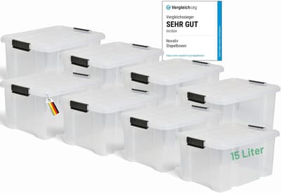 Novaliv 8x opbergdozen met deksel 15L transparant nestbaar stapelbaar opbergdozen met clipsluiting kunststof doos BPA-vrij 41 x 29 x 20 cm