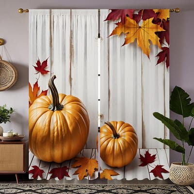 2-delige set HD Halloween Gele pompoen Esdoornblad decoratief gordijn Wit lint digitaal bedrukt gordijn Huisdecoratie stijl De W52H63inchW132H160cm orange