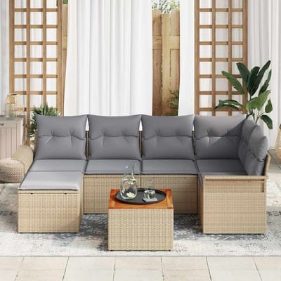 vidaXL - Tuinbank - Set - 7 - st - Beige - en - Lichtgrijs - poly - rattan