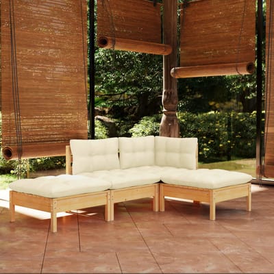 vidaXL - 4-delige - Loungeset - met - crèmekleurige - kussens - massief - grenenhout