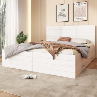 KOMHTOM Tweepersoonsbed met opbergruimte 140 x 200 cm met 2 lades frame en lattenbodem Wit met matras