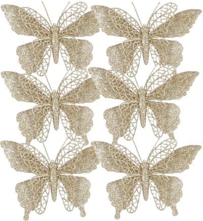 Kerstboomversiering Vlinder - 6x stuks - 16 cm - champagne glitter - op clip