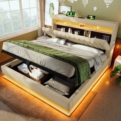 DESMIU Gestoffeerd Bed 160x200cm – Ledverlichting Met Oplaadfunctie – Hydraulische Opbergruimte En Hoofdbordvak – Voor Slaapkamer – Linnen – Beige – Zonder Matras