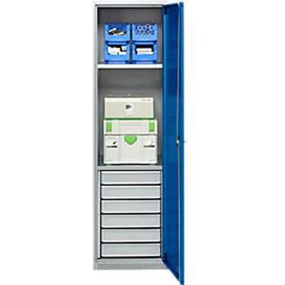 Schäfer Shop Genius materiaalkast FS, 5 OH, afsluitbaar, 2 legborden/6 laden, tot 250 kg, B 545 x D 520 x H 1950 mm, staal, witaluminium/ gentiaanblauw