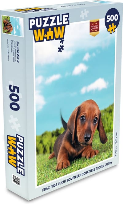 Puzzel Prachtige lucht boven een schattige Teckel puppy - Legpuzzel - Puzzel 500 stukjes