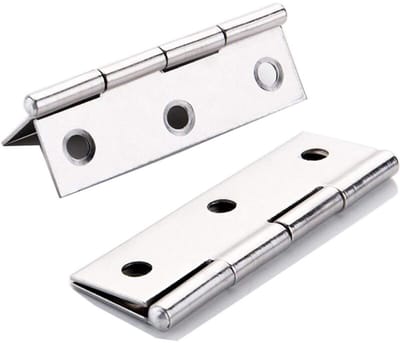 Twee roestvrijstalen scharnieren voor meubeldeuren, 75 mm lang x 50 mm breed.