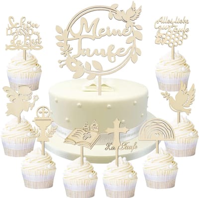 Dailygoods- Taarttopper Set 9 Stuks - Doopdecoratie - Houten Taartdecoratie - Cupcake Toppers - Aandenken - 23,7 x 15,8 cm