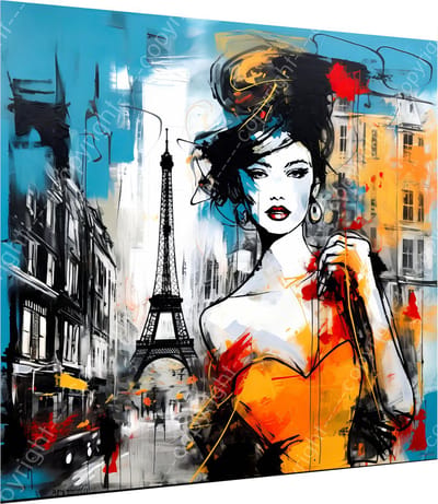 John Joseb Art (Aluminium) 100x100 | Vrouw in Parijs, Eiffeltoren, abstract, graffiti stijl, kleurrijk, kunst, woonkamer - slaapkamer | Frankrijk, vierkant, Herman Brood, oranje, rood, blauw, modern | Foto-Schilderij print op Dibond