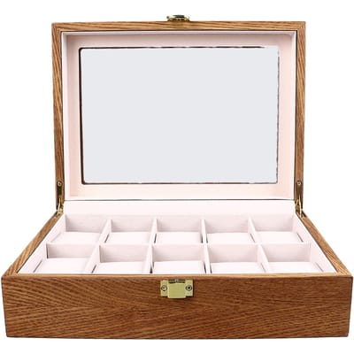 Houten Horlogedoos 10 Sleuven Grote Horlogedisplay Opbergkoffer met Doorzichtig Deksel voor Armband Ketting white