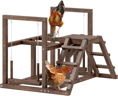PawHut Hühner-Spielgerüst aus Holz, Spielplatz für Hühner mit Hühnerstangen, Schaukel, Leiter, Plattformen Hühner-Klettergerüst für 3 Hühner Braun
