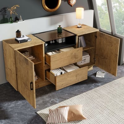 MODENUIT Dressoir - 2 Lades En 2 Kasten Met Open Vak - Voor Woonkamer En Hal - Hout En Glas - 140x40x70 Cm