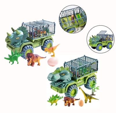 Goodz4All XL Dinosaurus Speelgoed Dino Truck Vrachtwagen 39CM Speelset met 3 Dinosaurussen en Ei - Vrachtauto met Beweegbare Delen - T-Rex Tyrannosaurus Triceratops