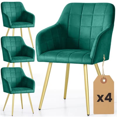 Set van 4 Eetkamerstoelen LUXANO met Armleuningen / Gestoffeerde Stoelen / Fluwelen Stoelen en Metalen Poten / Flesgroen met gouden benen