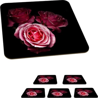 Onderzetters voor glazen - Een foto van roze rozen met een zwarte achtergrond - 10x10 cm - Glasonderzetters - 6 stuks