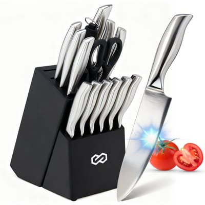 Infinity Goods Messenset - Messenblok - 16 Delig - Met Blok, Messenslijper En Schaar - Krasbestendig - RVS - Zilver/Zwart