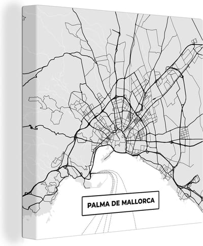 Canvas Schilderij Mallorca - Stadskaart - Zwart Wit - Plattegrond - Kaart - 20x20 cm - Wanddecoratie