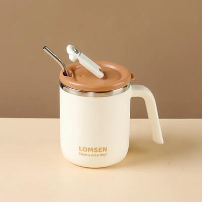 304 Roestvrijstalen Koffiemok met Rietje Dubbellaags Warmte-isolatie Anti-verbranding Waterbeker voor Studenten Kantoor Theekoppen 500ML white