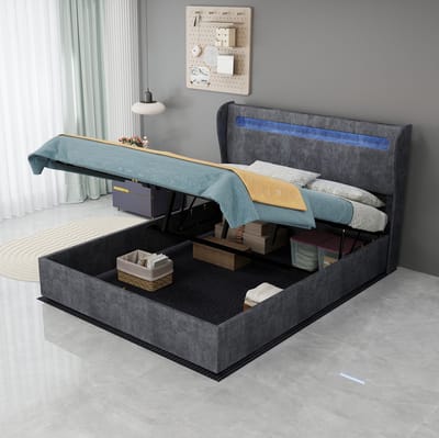 MIVRAY Gestoffeerd Bed 140x200 Cm - Zacht Hoofdbord Met Verstelbare Ledverlichting - Met Opbergruimte Zonder Matras - Stof Grijs