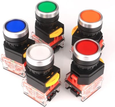 5-Delige Set Paneelmontage Druktoetsen 22mm - 10A 440V - 1NO 1NC - Rood, Groen, Oranje, Blauw, Wit - Momentary Schakelaar