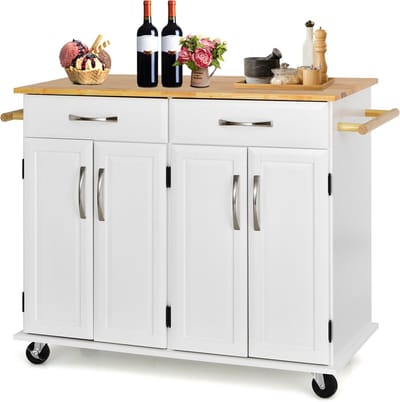 COSTWAY Keukenwagen op wieltjes, serveerwagen met werkblad, handdoekhouder, laden en verstelbare planken, keukeneiland, hout, keukenkast oprolbaar, voor keuken, eetkamer, bar (wit)
