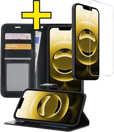 Hoesje - Met Screenprotector - Geschikt voor Apple iPhone 16e - Luxe Pasjeshouder - Bookcase Portemonee - Flip Case - Kunstleer Book Case - Flipcase - Book Cover - Walletcase - Portemonneehoes - Telefoonhoesjes - Zwart
