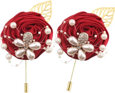 Kunst Bloemen Corsage - Bruiloft Boutonnières - Feestelijke Decoratie - Met Parels en Lint - 5 x 10 cm - Wijnrood