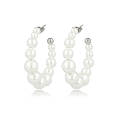 My Bendel - Zilverkleurige Oorringen met Grote Witte Parels - 30mm - Stainless Steel - met Luxe Cadeauverpakking | Sieraden Voor Dames