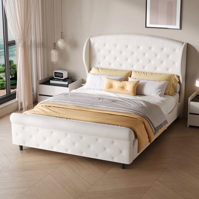 Gestoffeerd bed 140x200cm, modern bedframe met opbergruimte en lattenbodem, continentaal bed, tweepersoonsbed voor volwassenen, kinderbed, wit fluweel, zonder matras