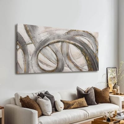 Abstract Schilderij - Moderne Kunst - Wanddecoratie Huis - Ingelijst Canvas - 61 x 122 cm - Grijs Goud