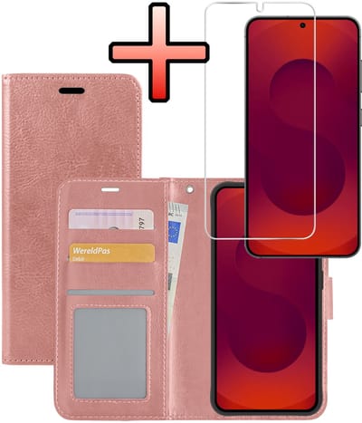 Hoesje - Met Screenprotector - Geschikt voor Samsung Galaxy S25 Edge - Luxe Pasjeshouder - Bookcase Portemonee - Flip Case - Kunstleer Book Case - Flipcase - Book Cover - Walletcase - Portemonneehoes - Rosé goud