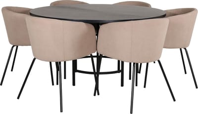Copenhagen eethoek eetkamertafel bruin en 6 Berit eetkamerstal beige.