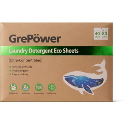 GrePower ultrageconcentreerde milieuvriendelijke wasmiddelvellen, 40 vellen (tot 80 wasbeurten), natuurlijke plantaardige ingrediënten, 8x