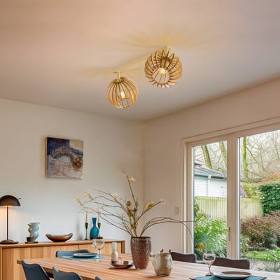 Argon Plafondlamp Paz wit houten lamellen-bollen, 2-lamps.