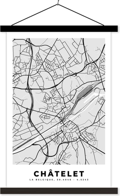 Posterhanger incl. Poster 40x60 cm - Schoolplaat - België – Châtelet – Stadskaart – Kaart – Zwart Wit – Plattegrond - Textielposter - Zwarte latten - Stadskaart