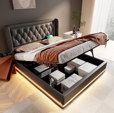 MEUNIQ gestoffeerd tweepersoons bed 140x200 cm met hydraulische opbergruimte, USB en Type-C, 3-zijdige LED-verlichting, gepolsterd hoofdbord, zwart kunstleer