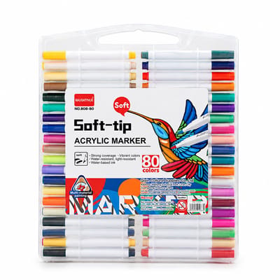 Set van 80 waterverfstiften met driehoekige witte houder en zachte punt - wasbaar voor kindertekenen en doodles - geschenkdoos